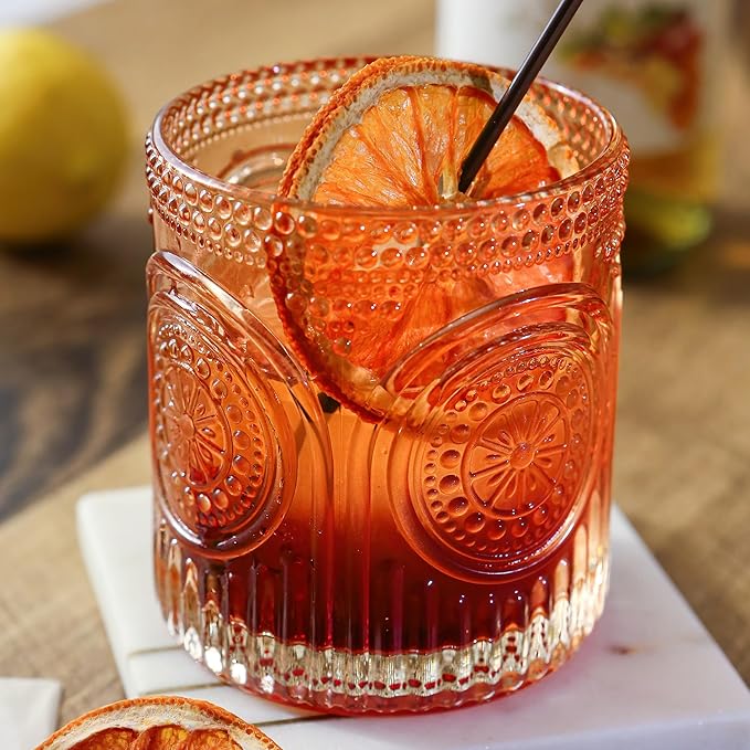 Kate Aspen Ribbed Retro Arch Floral Rose Gold Drinking Glasses Set of 6, (10 oz) Vintage Glassware Set Cocktail Glass Set, Juice Glass, Water Cups | Great Hostess Gift & Gift for New Home Owners