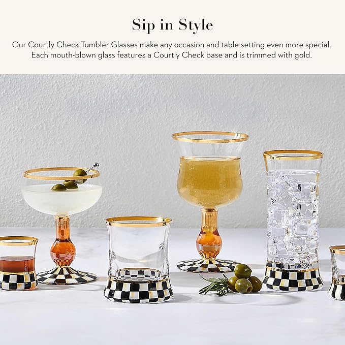 MACKENZIE-CHILDS Tumbler Glasses, Elegant Drinkware, Glasses with Gold Rim, 8 Ounces, Set of 2, Black-and-White Courtly Check