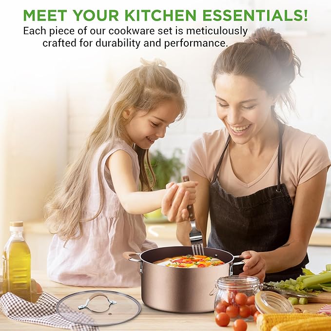 NutriChef 14-Piece Non Stick Kitchen Cookware Set w/Saucepan, Frying Pans, Cooking Pots, Dutch Oven Pot, Lids, Utensil, Gold