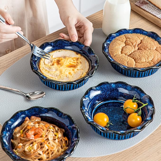 vancasso Mini Pie Pans Set of 6, 5.2 Inch Ceramic Deep Dish Pie Plates with Ruffled Edge for Baking, Microwave & Oven Safe, Blue