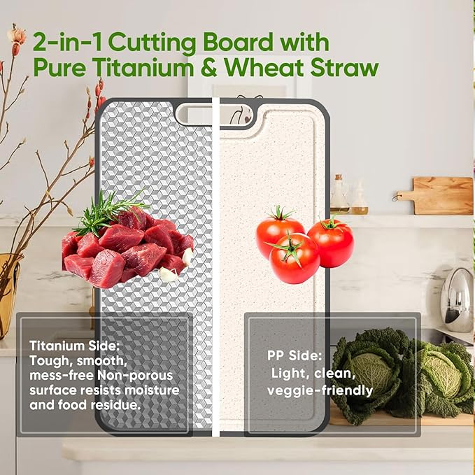 Titanium Cutting Board, Double Sided Medical-grade, Pure Titanium/Wheat straw PP Large Chopping Boards with Juice Groove Cutting Pads for Meat, Vegetables and Fruits