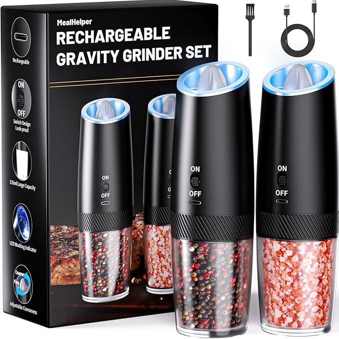 Rechargeable Gravity Electric Salt and Pepper Grinder Set with LED Light, Type-C Fast Charging, Adjustable Coarseness, Large Capacity Grinder for Kitchen, Restaurant & Outdoor, (2 Pack)