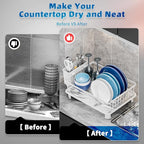 Dish Drying Rack, Space-Saving Dish Rack, Dish Racks for Kitchen Counter, Drying Rack Kitchen with Removable Utensil Holder, and Automatic Drainage Drainboard, 11''W x 15''L, White
