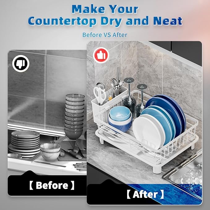 Dish Drying Rack, Space-Saving Dish Rack, Dish Racks for Kitchen Counter, Drying Rack Kitchen with Removable Utensil Holder, and Automatic Drainage Drainboard, 11''W x 15''L, White