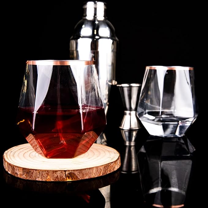 LUODA 32 Pack Rose Gold Diamond Wine Glasses, 12 Oz Stemless Rose Gold Rim Wine Glass, Disposable Clear Plastic Whiskey Glasses For Serving White Wine, Red Wine, Cocktail, Whiskey