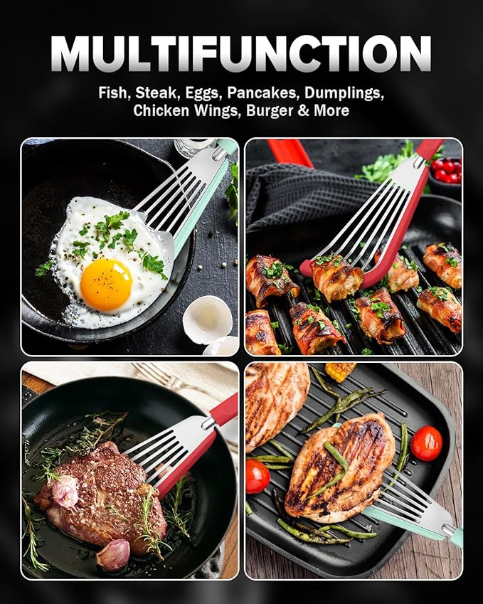 Silicone Fish Spatula Turner Set of 2, Thin Slotted Spatulas Turner for Nonstick Cookware,Heat Resistant Flexible Stainless Steel Kitchen Cooking Spatula Flipper for Fish, Egg, Pancake (RGN)