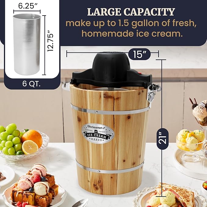 Elite Gourmet Old Fashioned 6 Quart Vintage Appalachian Wood Bucket Electric Ice Cream Maker Machine, *Bonus Classic Die-Cast Hand Crank for Churning, Uses Ice and Rock Salt Churns Ice Cream in Minute