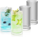 16oz Ribbed Glassware, Vintage Drinking Glasses Set of 4, Cocktail Glass Cups, Elegant Tom Collins Glasses, Highball Ribbed Glasses Ideal for Water, Iced Coffee, Juice, Beer, Milk