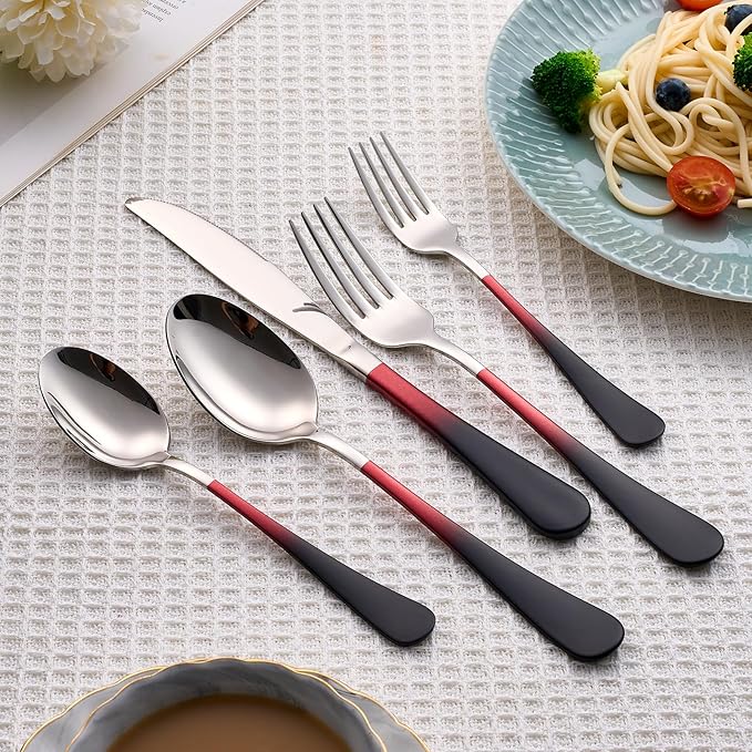 20 Piece Black Red and Silver 18/0 Flatware Utensil Set for 4, Include Dinner Knife,Dinner Forks,Dinner Spoons,Salad Forks,Teaspoons,Silverware Set for 4, Dishwasher Safe