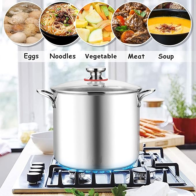 E-far 10 Quart Stock Pot, Large Tri-Ply Stainless Steel Soup Pot with Glass Lid and Riveted Handles, Tall Induction Cooking Pot for Canning/Simmering/Stewing, Heavy Duty & Dishwasher Safe