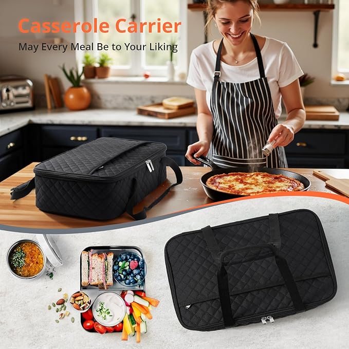Insulated Casserole Carrier for Hot or Cold Food, Large Insulated Casserole Carrier, Reusable Lunch Box for Men/Women, for Men Adults Work Picnic Hiking Beach Fishing (Black) 17.12" x 11.42"x 4.53"