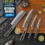 Sunnecko Damascus Kitchen Knife Set 4 Piece, Sharp Chef Knife Set Professional Kitchen Knives Sets Full Tang with Gift Box