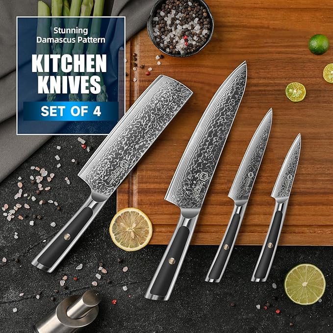 Sunnecko Damascus Kitchen Knife Set 4 Piece, Sharp Chef Knife Set Professional Kitchen Knives Sets Full Tang with Gift Box