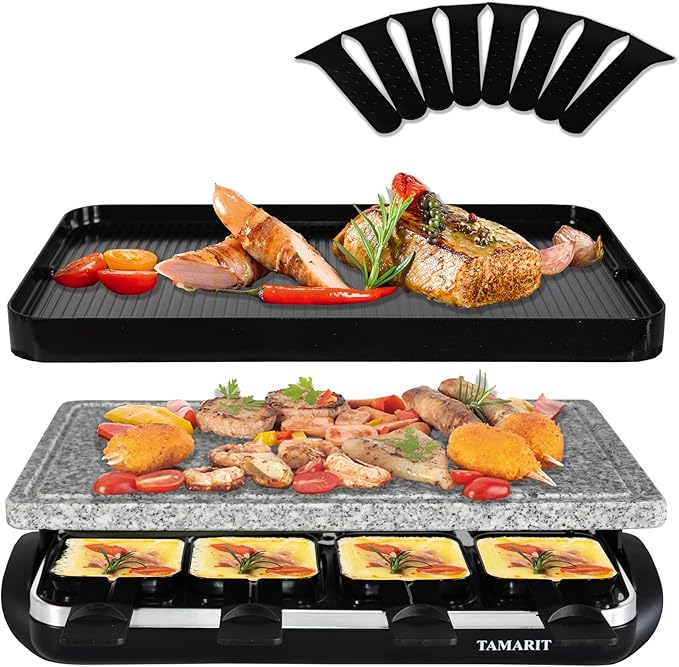 TAMARIT Raclette Table Grill Portable 3 in 1 Korean Barbecue BBQ Grill Electric Indoor Grill with Non-Stick Reversible Grilling Plate & Cooking Stone for Steak 1400W Raclette Grill for 8 Person, Black