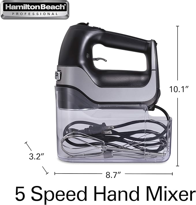 Hamilton Beach Professional 5-Speed Electric Hand Mixer with High-Performance DC Motor, Slow Start, Snap-On Storage Case, Stainless Steel Beaters & Whisk, Black (62651)