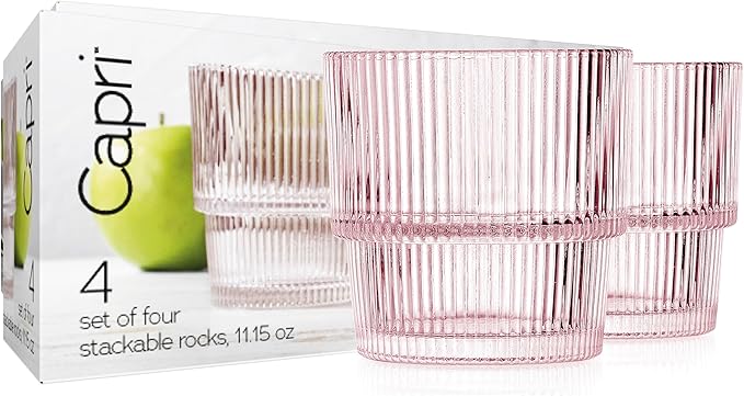 Glaver's Ribbed Drinking Glasses Set of 4, Pink Drink Glasses, Vintage Glass Cups. 11 oz Rocks Glasses, Stackable Whiskey Glasses, Modern Vintage Style, Blush