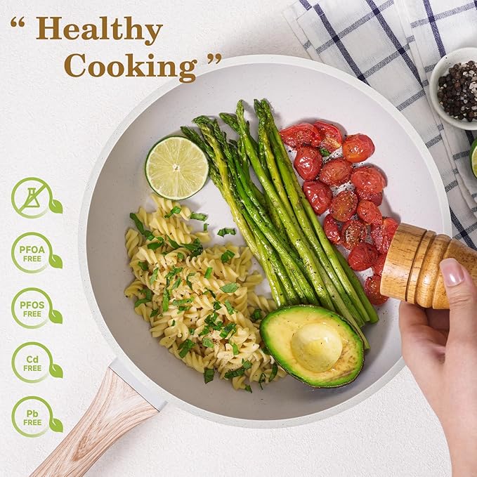 12Pcs Non-Stick Pots and Pans Set, White Granite Induction Cookware Set, Non-Toxic Healthy NonStick Kitchen Cooking Set with Pans Set, Soup Pot (No PFAS/PFOA/PFOS)