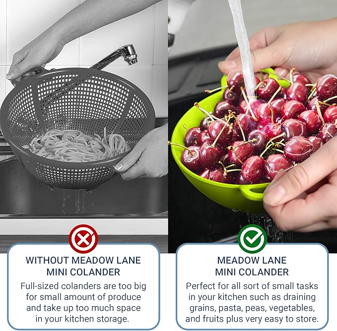 Meadow Lane 6-inch Small Colander, BPA-Free, Dishwasher Safe, Double Handles, Compact Food Strainer for Berries, Veggies and Pasta, 3-Cup Capacity, Meadow Green