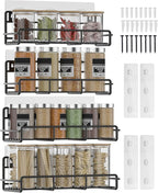 4 Pack Wall Mount Spice Rack Organizer, for Kitchen Pantry Door Storage and Organization, Heavy-Duty Metal Kitchen Spice Rack, Flexible Wall Iron Shelves with Adhesive Hook, Black