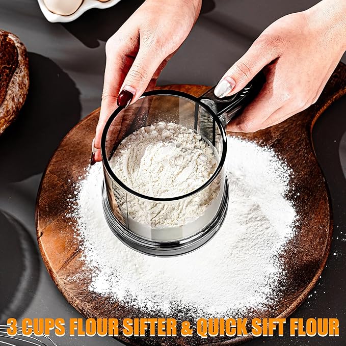 ‌3 Cup Flour Sifter, Sifter for Baking Sifter Handheld Baking Sieve Food-Grade Double-Filter Stainless Steel Flour Sifter Non-Rust Sifter used for Rapid Screening of Flour Apricot Flour Sugar Powder