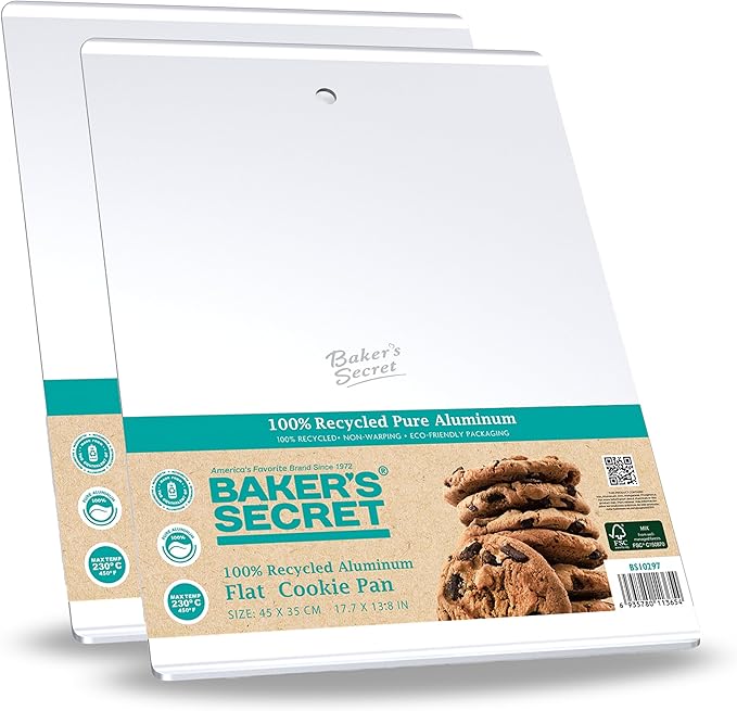 Baker's Secret 2pcs Large Flat Cookie Sheet 18" x 14" Aluminum Flat Baking Sheet, Extra Thick -2.7mm- 100% Recycled, Half Sheet with hanging hole - The Natural Aluminum Collection