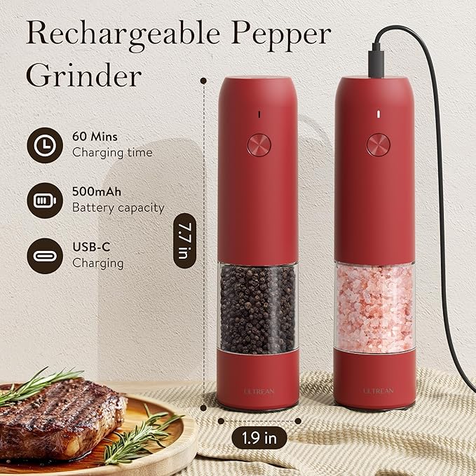 Ultrean Electric Pepper Grinder, Rechargeable Salt and Pepper Grinder with 6 Adjustable Coarseness, LED Light, One-Hand Automatic Operation, Crimson Red