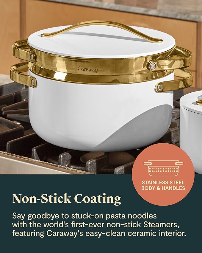 Caraway Steamer - Stainless Steel Steamer with Handles - Non Stick, Non Toxic Coating - Steam Veggies, Seafood, and More - Compatible With Our Dutch Oven or Sauce Pan - Large, 6.5qt - Gold
