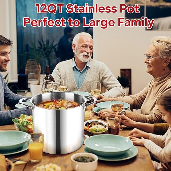 LIANYU 12 QT Stock Pot with Lid, 12 Quart Deep Tall Large Soup Pot for Cooking, Stainless Steel Tri-Ply Heavy Duty Large Stockpot, Nonstick Induction Stockpot with Measuring Mark&Glass Lid