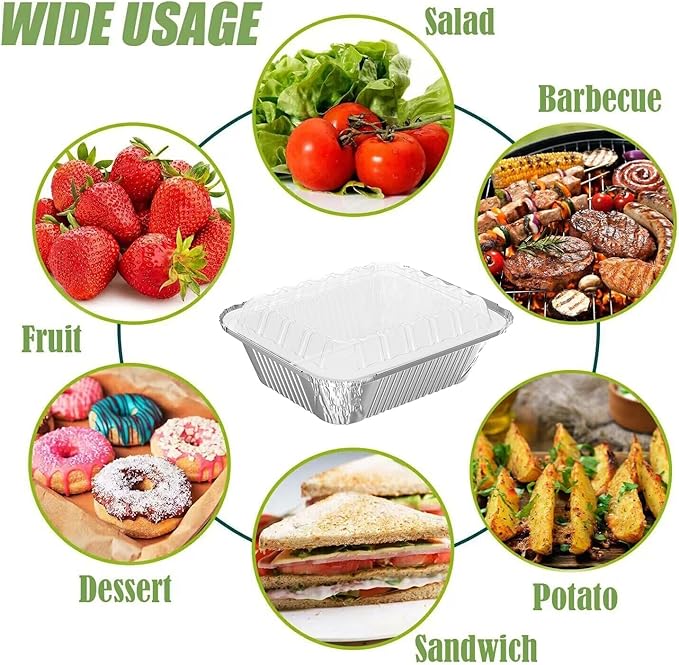 WANBAO 50 PACK 8.3"x6.2" Disposable Tin Foil Pans with Plastic Lids 2.25LB Aluminum Foil Food Containers for Cooking, Baking, Catering Party Meal Prep, Take Out, Freeze, Food Storage