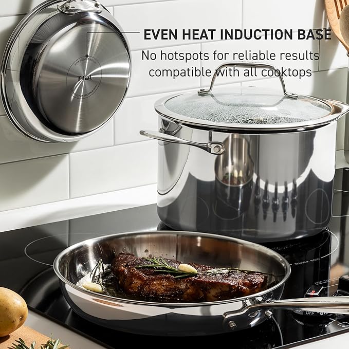 T-fal Pro Tri-Ply Stainless Steel Fry Pan 12 Inch, Induction Compatible, Oven Safe 500F, Fast & Even Heat, Professional Quality & Durability, Frying Pan, Skillet, Cookware, Dishwasher Safe, Silver