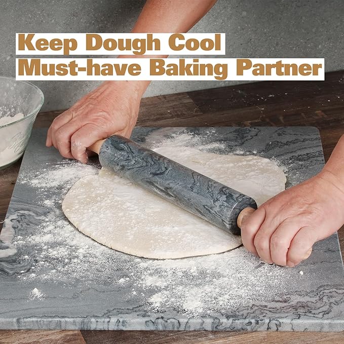 African Natural Marble Rolling Pin, Non-Stick Polished Dough Roller, Pasta, Dumpling, Fondant, Pie Crust, Bread, Pizza Dough, Kitchen Baking Pastry Tools with Mat/Scraper(Monte Grigio)