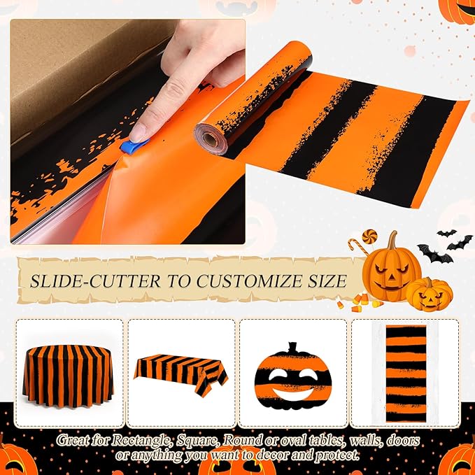 Tudomro 100Ft Halloween Scary Carnival Tablecloth Roll Black & Orange Table Cloths Stripe Disposable PE Table Cover for Horror Party Decorations Halloween Party Decor Supplies