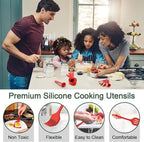 E-far Silicone Cooking Utensils Set, 25 Piece Kitchen Utensils with Holder, Non Toxic Kitchen Tools Spatula, Turner, Spoon, Ladle for Nonstick Cookware, Heat Resistant & Dishwasher Safe - Red