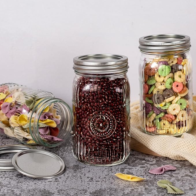 Amzcku 32oz Vintage Mason Jars with Lids, Wide Mouth Quart Canning Jar 12 Pack