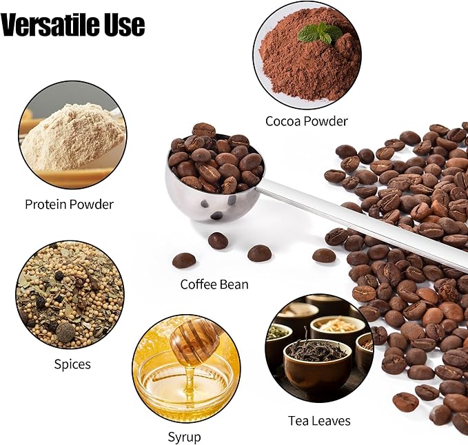 18/8 Stainless Steel Coffee Scoops, Doosu Food-Grade Metal Measuring Spoons with 6.9in Long Handle, Tablespoon Scooper for Coffee Beans, Ground Coffee, Espresso, Protein Powders, Tea (1 & 2 Tbsp)