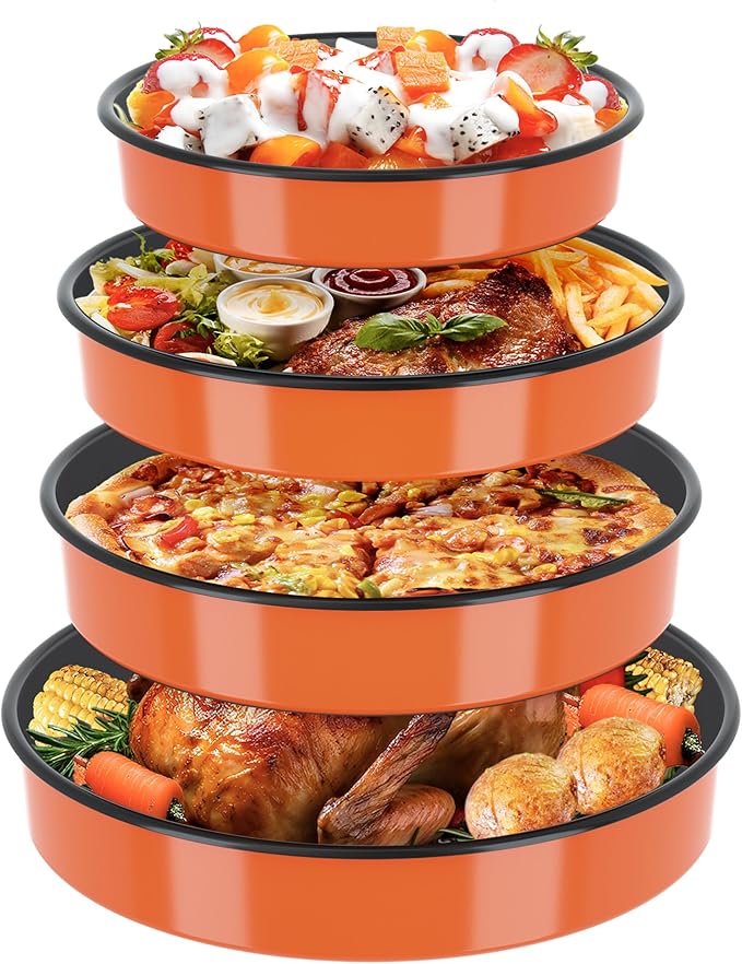 Round Roasting Pan Set Bakeware 4 Pack Baking Cake Pans Enamel Casserole Dish 9/10/12/14 Inches Chicken Roaster Oven Dishwasher Safe Christmas New Year Holiday Gift (Orange)