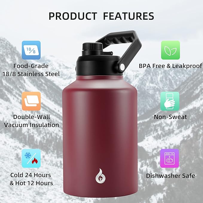 BJPKPK One Gallon(128 oz) Insulated Water Bottle, Dishwasher Safe Stainless Steel Thermos, BPA Free Jug with Ergonomic Handle & Anti-slip Bottom, Large Water Bottle, Brick Red