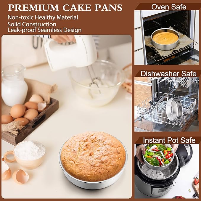 P&P CHEF Cake Pan Set of 4, Stainless Steel Baking Round Cake Pans Tins Bakeware for Birthday Wedding, Leak-proof & Easy Clean, Mirror Finish & Easy Releasing, 6 Inch