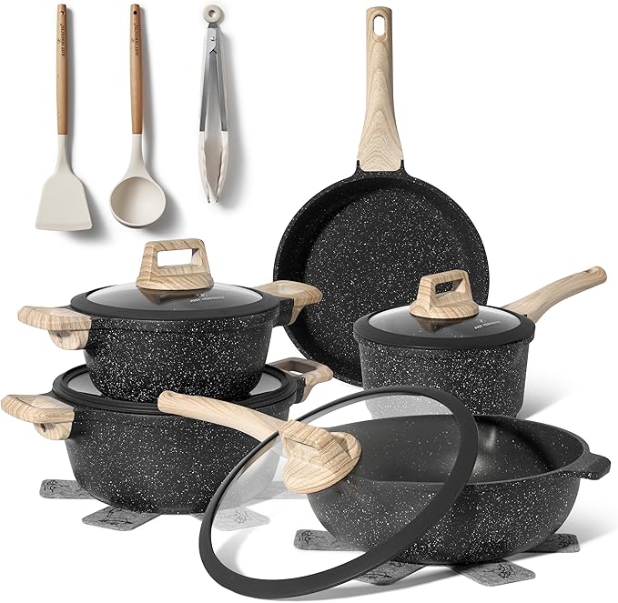 JUST PERFECTO Kitchen Pots and Pans Set with Lids Non Stick Induction Cookware Set Nonstick Frying Pans Set 14 Pcs Healthy Cooking Pots without PTFE and PFOA – Gray