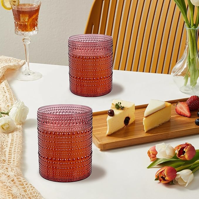 18PCS Plastic Hobnail Drinking Glasses - 14 Oz Burgundy Vintage Glasses Drinkware - Disposable Beaded Cups for Beer, Whiskey, Juice, Cocktail, Wine, Party