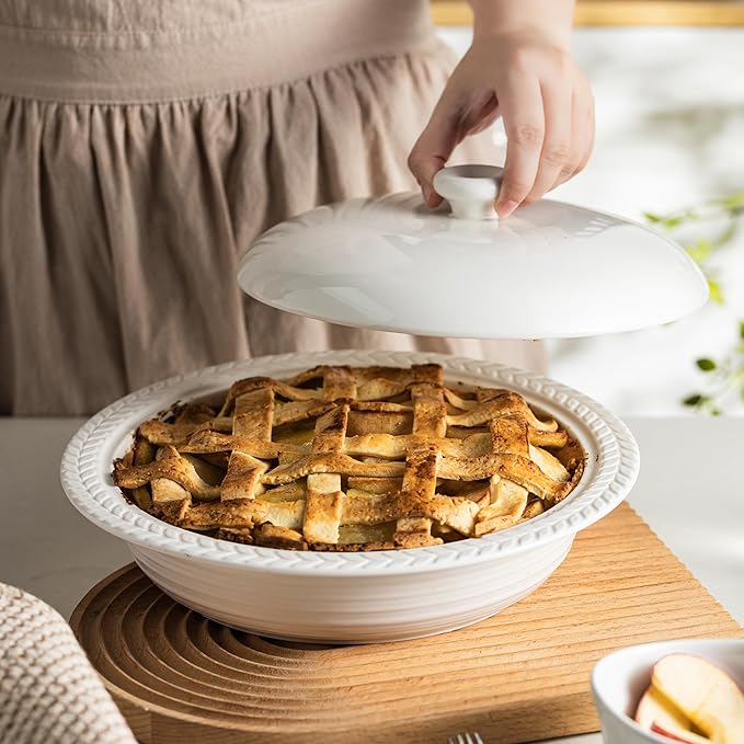 Deep Dish Pie Pan with Lid, 11 inch Ceramic Pie Dish, Round Baking Dish for Apple, Quiche, Pot Pies, Tart, etc, Microwave, Dishwasher, and Oven Safe