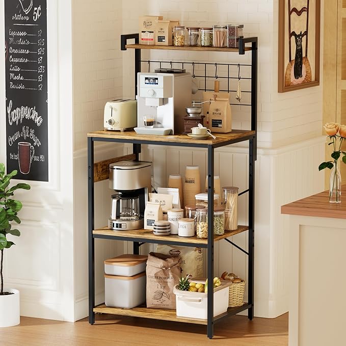 YESHOMY Kitchen Baker’s Rack with Power Outlet, 4-Tier Microwave Stand, Coffee Bar with 5 S-Shaped Hooks, Heavy Duty Storage Shelf Unit for Spices, Pots, Rustic Brown