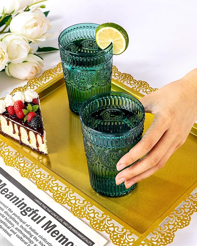 Ciaell 12 Pack Romantic Plastic Water Glasses - 14 Oz Green Vintage Drinking Glasses, Embossed Ribbed Plastic Cups, Textured Striped Set for Juice, Beverages, Beer, Cocktail, Christmas