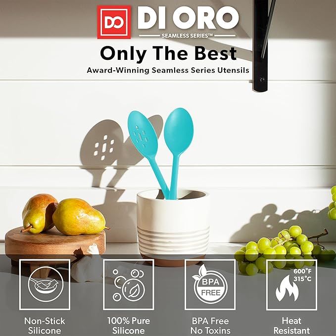 DI ORO Silicone Cooking Spoons - Large Mixing, Serving & Stirring - 600F Heat-Resistant Non-Stick - Big Solid & Slotted Basting Spoons - Dishwasher Safe (2pc, Teal)
