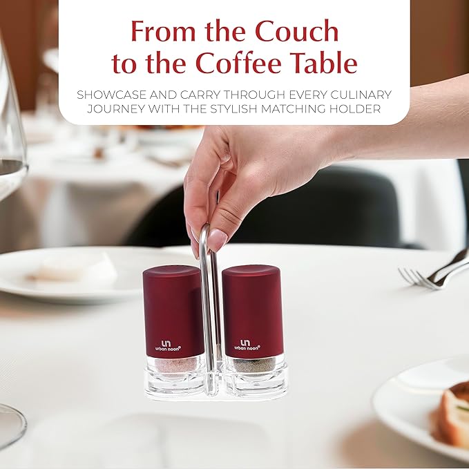 Signature Red Burgundy Salt and Pepper Shakers with Holder - Elegant Stainless Steel Salt Shaker and Pepper Shaker Set with Acrylic Holder for Kitchen Counter or Restaurant Table (2-Piece Set)