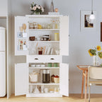 IRONCK Kitchen Pantry Storage Cabinet 72.6" H, with Barn Doors, Drawer, 4 Adjustable Shelves, Freestanding Cupboard, Laundry, White