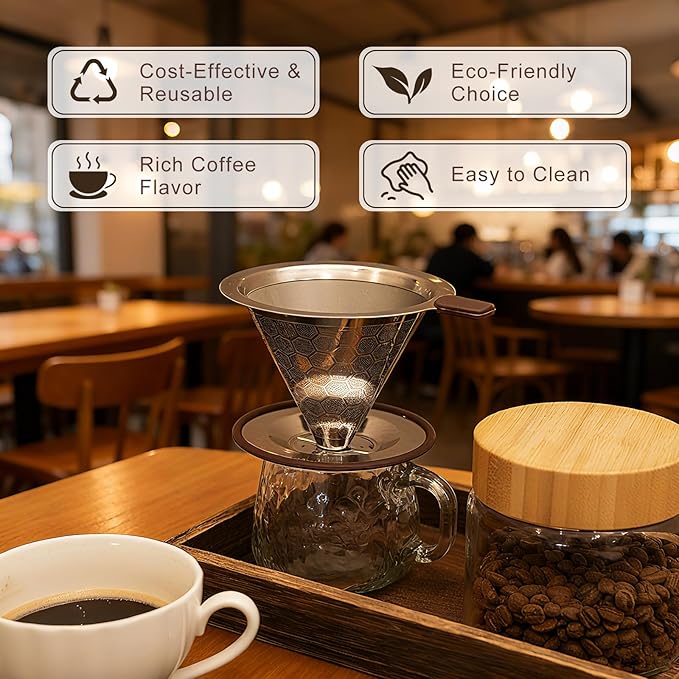 Pour Over Coffee Dripper, Stainless Steel Coffee Filter, Paperless Reusable Coffee Filter, Metal 600 Mesh Strainer Coffee Maker Single Cup Brewer 1-2 Cup