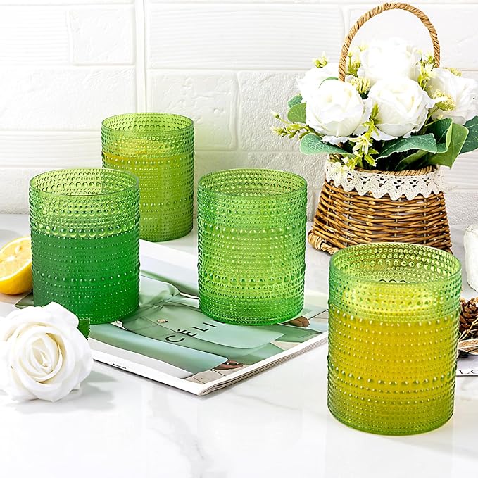 18PCS Hobnail Plastic Drinking Glasses - 14Oz Beaded Glasses Drinkware Set Disposable - Green Vintage Plastic Bubble Glassware for Beer, Juice, Cocktail, Whiskey, Milk and Various Mixed Drinks