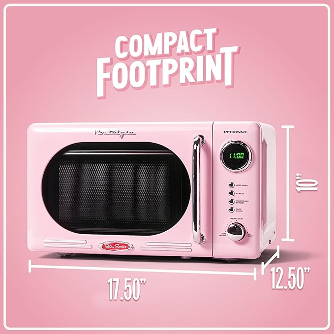 Nostalgia Retro Compact Countertop Microwave Oven 0.7 Cu. Ft. -700-Watts with LED Digital Display-Child Lock-Easy Clean Interior-Pink