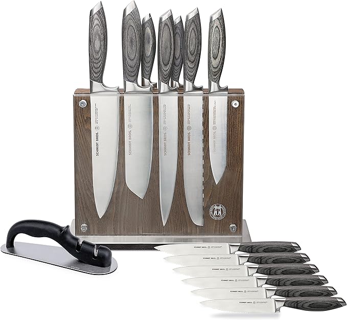 Schmidt Brothers -Bonded Ash- 15-Piece Knife Set, High-Carbon Stainless Steel Cutlery with Downtown Acacia and Acrylic Magnetic Knife Block and Knife Sharpener
